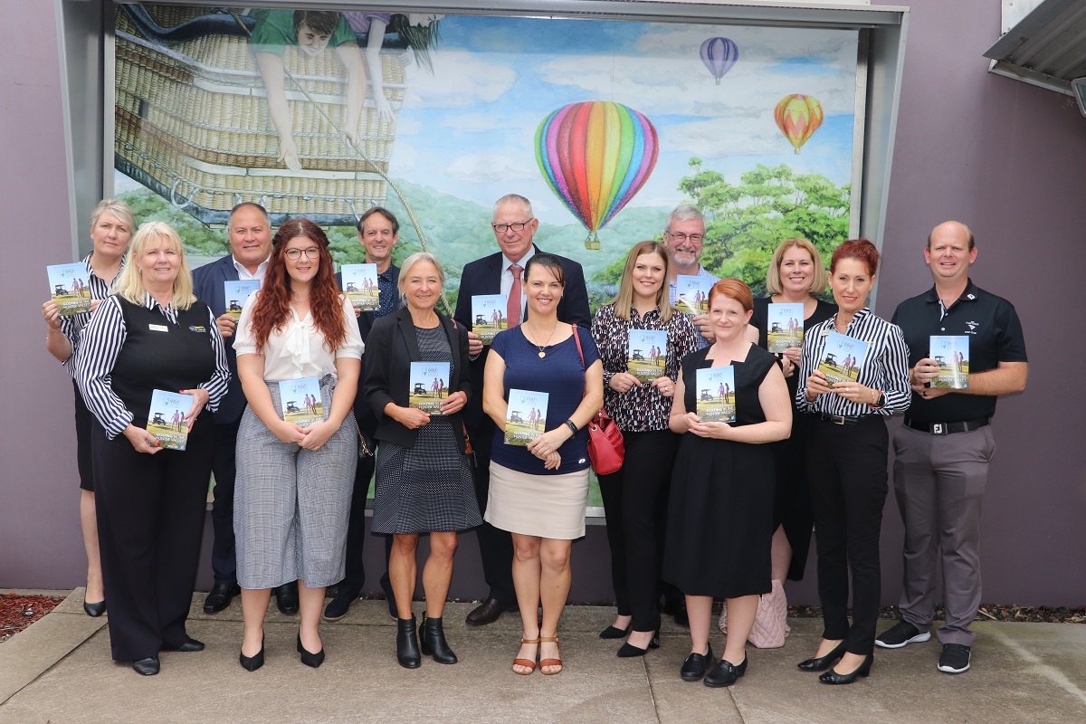 The Cessncok City Council launch of the Golf Brochure. L-R Christine Eccles (Hunter Valley Visitor Information Centre (VIC)), Nancy Murray (VIC), Ray Manulat (The Vintage), Jessica Smith (Crowne Plaza), Brett Holdway (Cypress Lakes), Lotta Jackson (General Manager CCC), Mayor Bob Pynsent, Kerrie O'Connell (Branxton Golf Club), Rhiannon Stevens (Economic Development (ED)), Brad Sangster (ED), Kelly Lynch (ED), Lyndal Johnston (Golf Digest), Melissa George (VIC), Matt Kelly (The Vintage). 